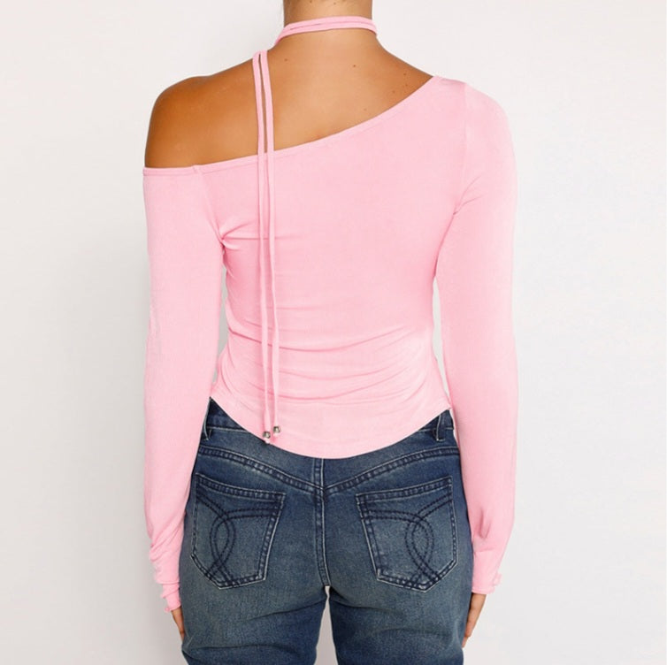 Pink Off Shoulder Long Sleeve Crop Top