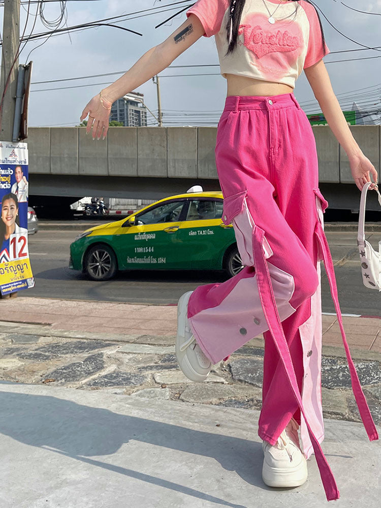 Pink Patchwork Baggy Cargo Pants