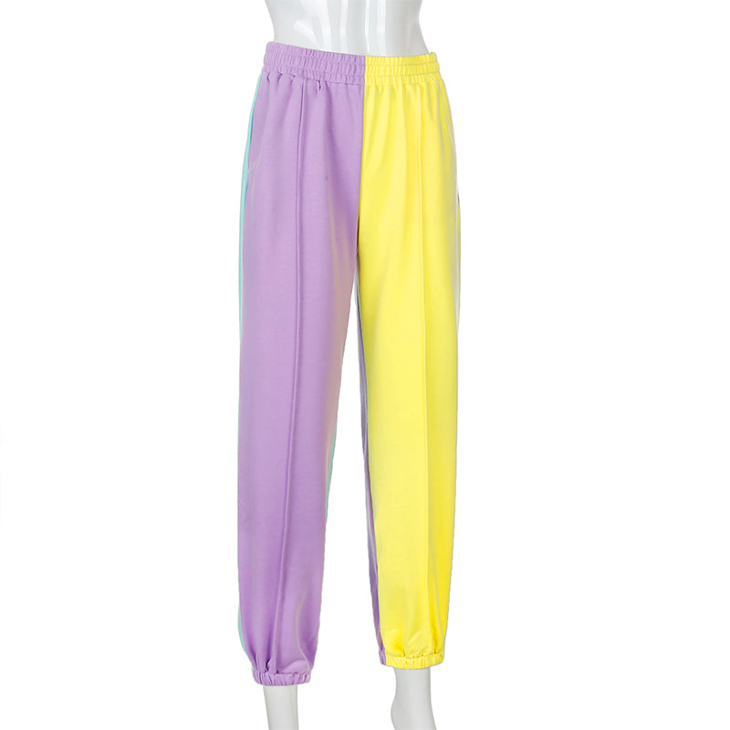 Cute Patchwork Color Contrast Baggy Jogger Pink Blue Sweatpants High Waist Trousers E-Girl Kawaii Korean Japanese Harajuku Retro Streetwear Aesthetic