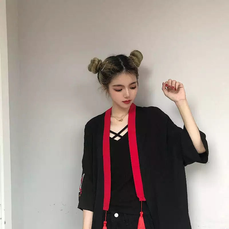 Fox Mask Anime Tassel Blouse Kimono Cardigan Cartoon Print Loose Blouse Long Sleeve Shirt Top E-Girl Kawaii Korean Japanese Harajuku Streetwear