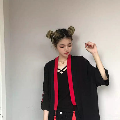Fox Mask Anime Tassel Blouse Kimono Cardigan Cartoon Print Loose Blouse Long Sleeve Shirt Top E-Girl Kawaii Korean Japanese Harajuku Streetwear