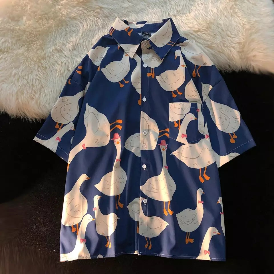 Funny Unisex Duck Cartoon Print Hawaii Beach Oversize Short Sleeve Shirt Botton Up Aesthetic Casual Summer E-Girl Kawaii Korean Japanese Harajuku