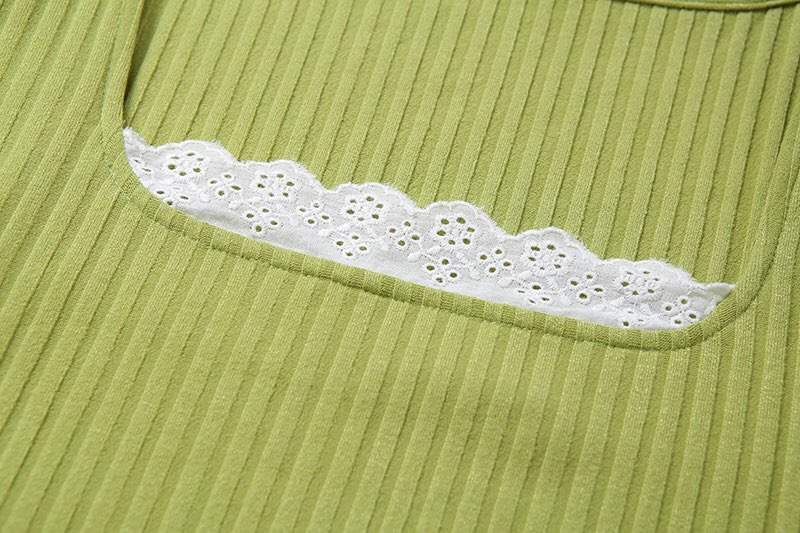 Cute Green Ribbed 2PCS Set Square Collar Puff Sleeve Lace Short Sleeve Crop Top Skirt Summer Party E-Girl Kawaii Korean Japanese Harajuku Streetwear