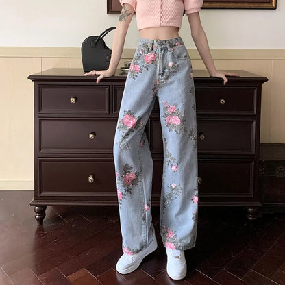 Flower Print Blue Denim Jeans