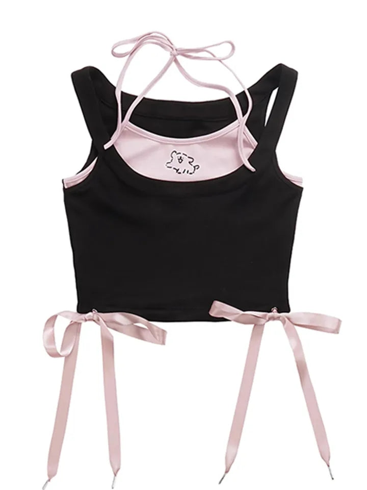 2PCS Dog Print Bow Tie Halter Top