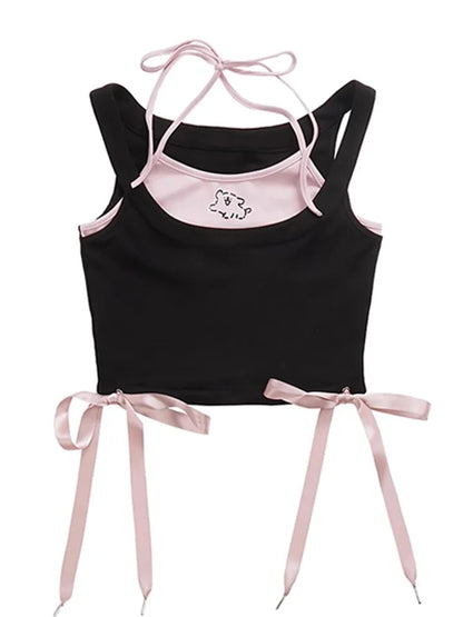 2PCS Dog Print Bow Tie Halter Top