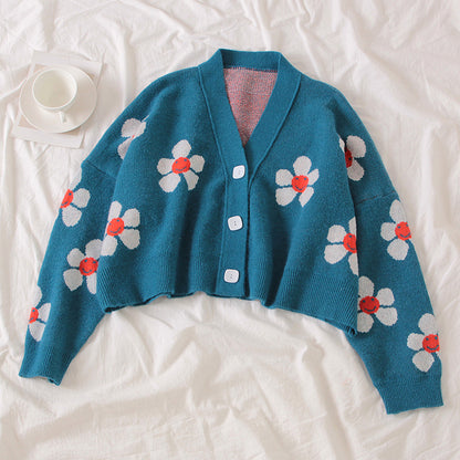 Cute Flower Preppy V Neck Loose Flower Knit Cardigan Sweater Korean Japanese Harajuku Chinese Streetwear Fashion