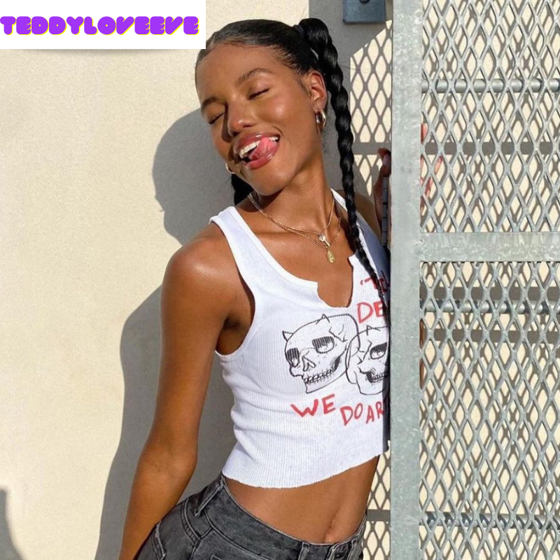 Cute Sexy White Skull Ribbed Sleeveless Tank Crop Top T-shirt Punk Goth Aesthetic Summer Party E-Girl Kawaii Korean Japanese Harajuku Streetwear