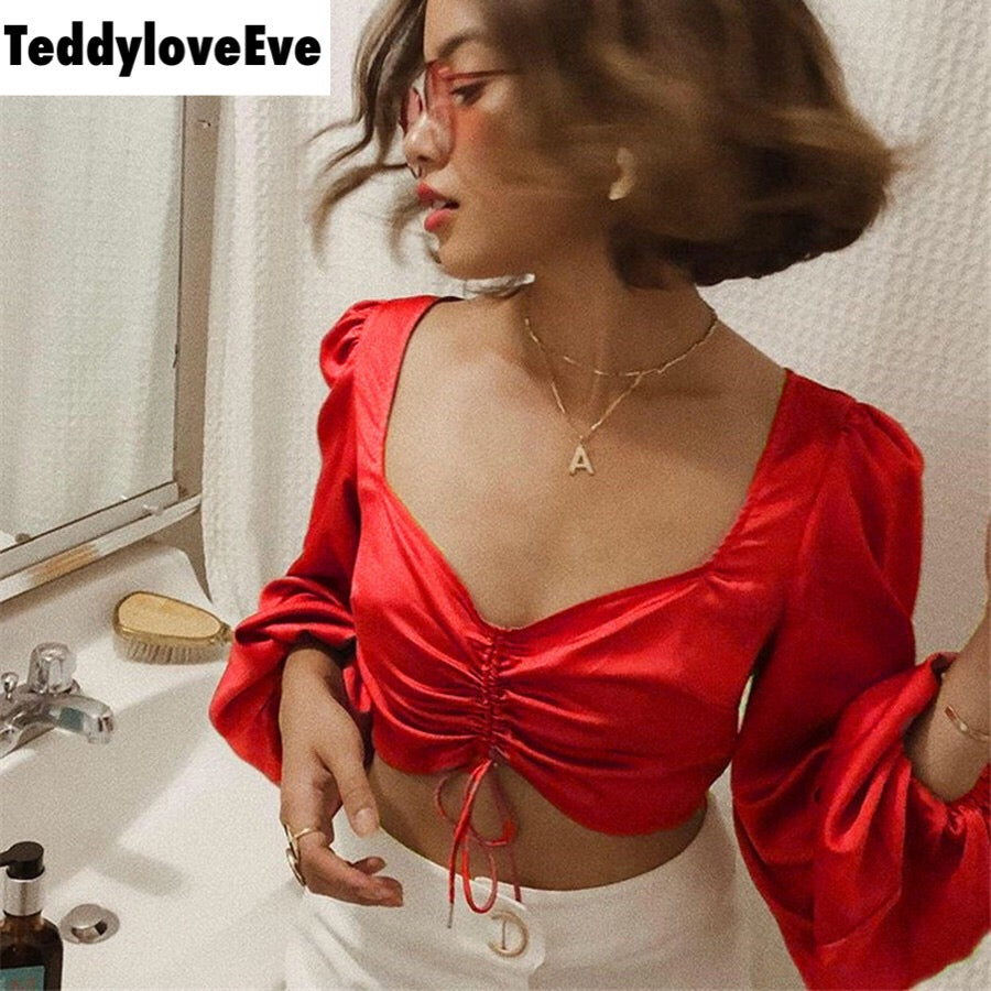 Cute Sexy Red Chiffon Low Cut Crop Top Long Sleeve Shirt Tee T-shirt E-Girl Kawaii Korean Japanese Harajuku Chinese Retro Streetwear Aesthetic