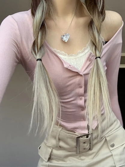 Pink Lace Patchwork Button Crop Top