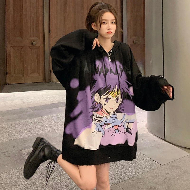 Cute Purple Anime Girl Graphic Print Oversize Long Sleeve Shirt Hoodie Punk Goth Aesthetic Casual E-Girl Kawaii Korean Japanese Harajuku