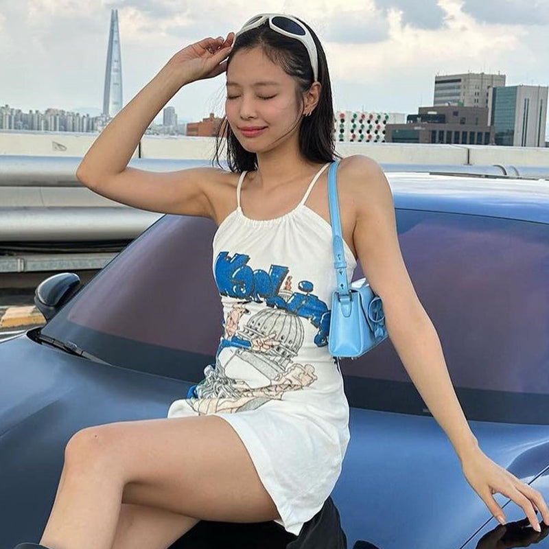 Y2K Graffiti Print Halter Mini Dress
