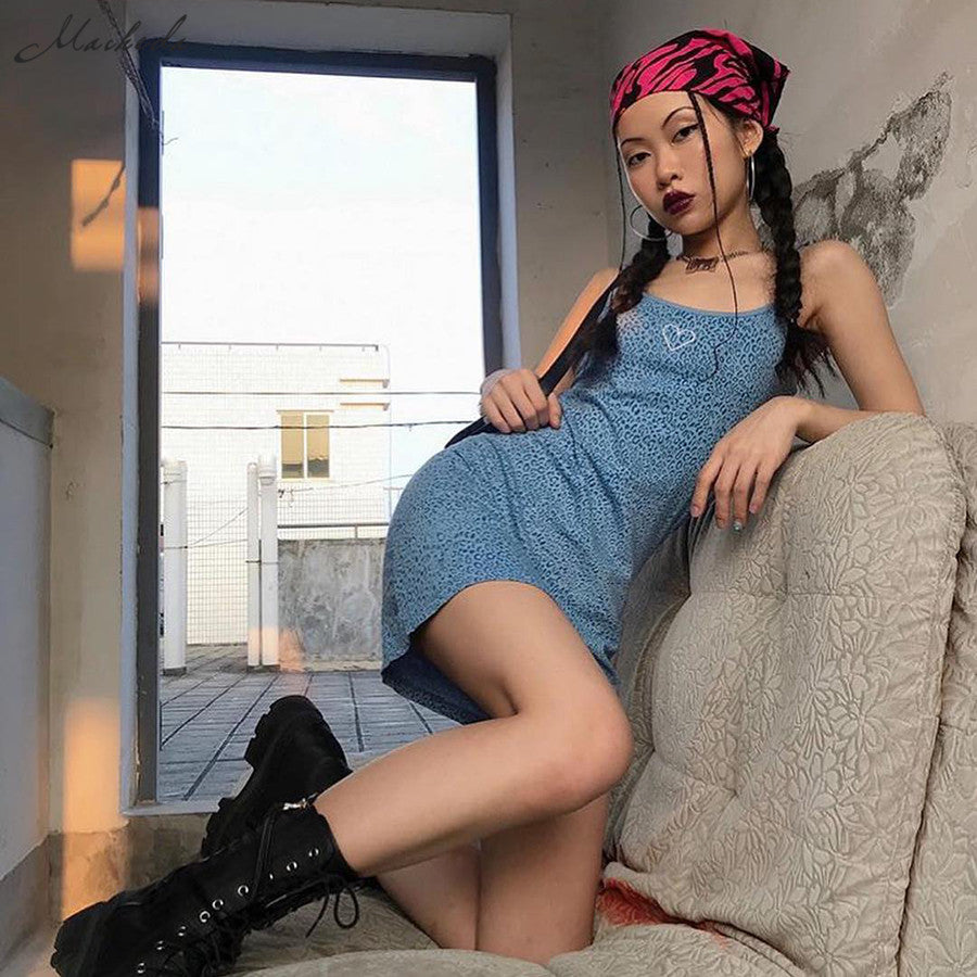 Cute Heart Shape Leopard Spaghetti Strap Mini Bodycon Dress Kawaii Korean Japanese Harajuku Chinese Retro Streetwear Aesthetic Fashion