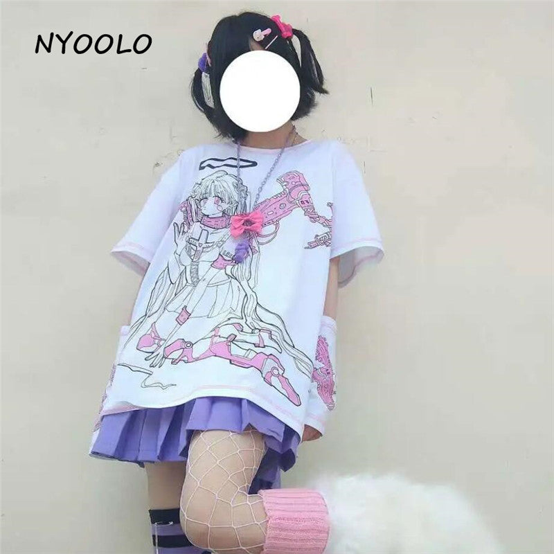 Angel Steampunk Anime Girl Cartoon Print Loose Short Sleeve T-shirt Top Summer Causal Goth Punk E-Girl Kawaii Korean Japanese Harajuku Streetwear