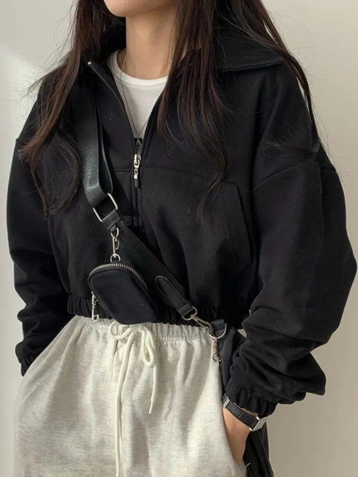 Black Cropped Zip Up Jacket