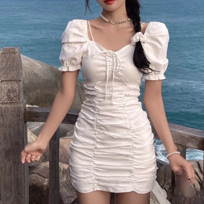 White Puff Sleeve Drawstring Ruched Mini Dress