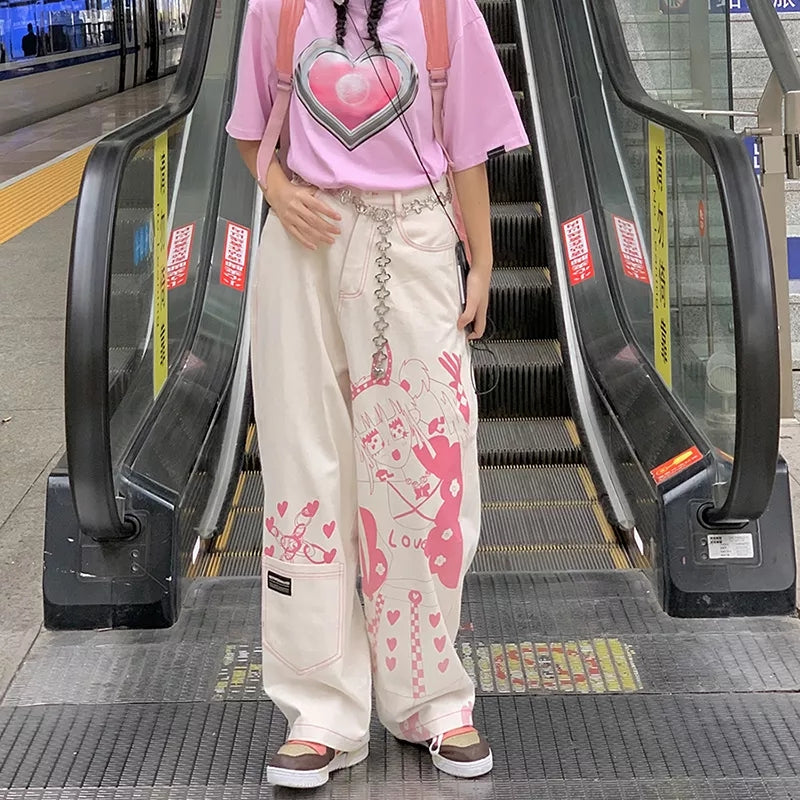 Anime Girl Print Wide Leg Pants