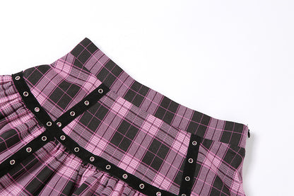 Pink Plaid Pleated Lace Mini Skirt