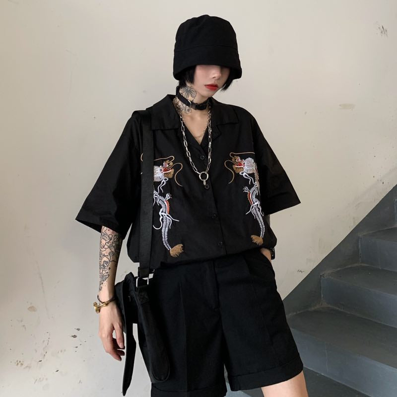 Dragon Embroidery Vintage Black Blouse Button Down Casual Loose Short Sleeve Tee Shirt T-shirt Top E-Girl Kawaii Korean Japanese Harajuku Streetwear