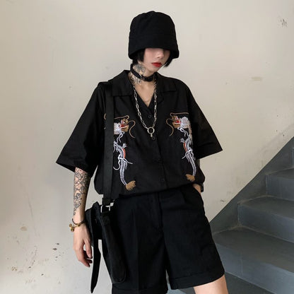 Dragon Embroidery Vintage Black Blouse Button Down Casual Loose Short Sleeve Tee Shirt T-shirt Top E-Girl Kawaii Korean Japanese Harajuku Streetwear