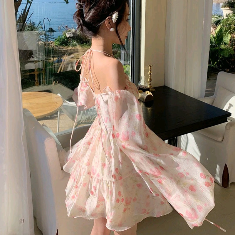Rose Watercolor Off Shoulder Puff Sleeve Dress