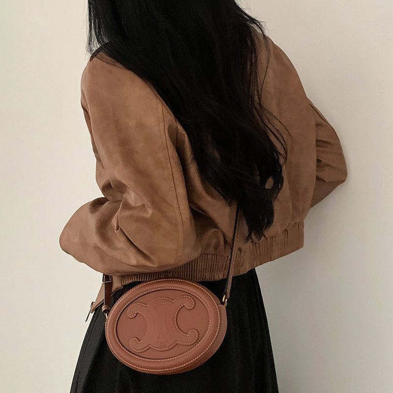 Brown PU Leather Turn Down Collar Zipper Jacket