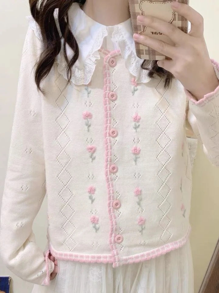 Blue Embroidery Hollow Sweater
