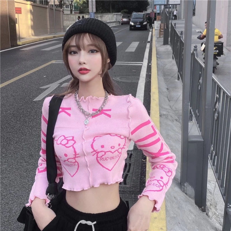 Cute Pink Kitty Cat Knit Loose Frill Long Sleeve Shirt Sweater Pullover Cardigan Aesthetic Casual Summer E-Girl Kawaii Korean Japanese Harajuku