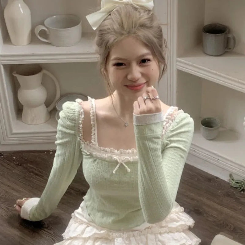 Green Lace Bow Long Sleeve Shirt
