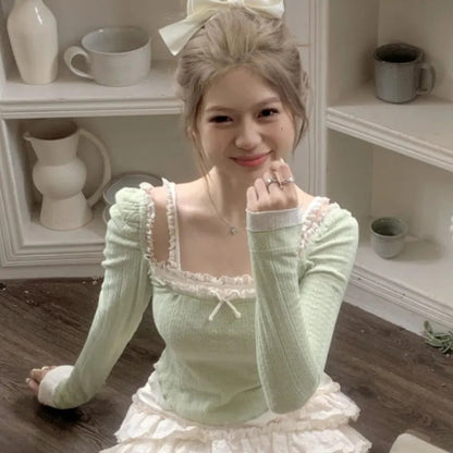 Green Lace Bow Long Sleeve Shirt