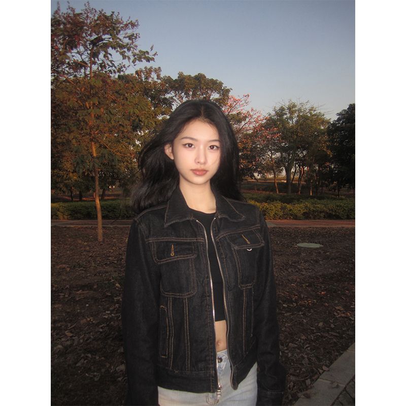 Black Denim Turn Down Collar Jacket