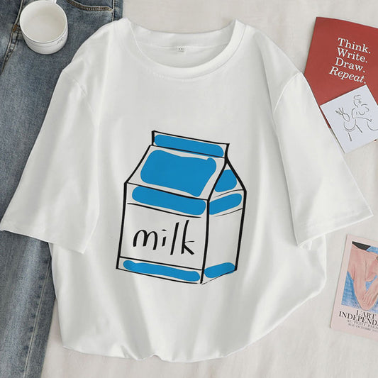 Cute Aesthetic Milk Carton Box Graphic Cartoon Print Loose Short Sleeve Short T-shirt Top Casual E-Girl Kawaii Korean Japanese Harajuku Streetwear
