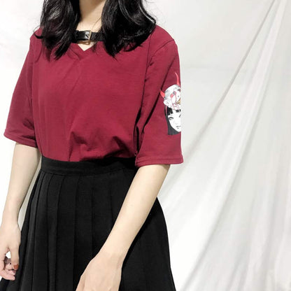 Cute Anime Demon Girl Cartoon Print Graphic Punk Goth Oversized Short Sleeve Tee Shirt T-shirt Top E-Girl Kawaii Korean Japanese Harajuku Streetwear