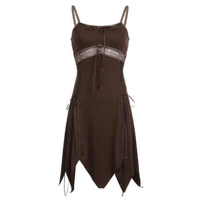 Brown Lace Patchwork Cross Bandage Midi Dress