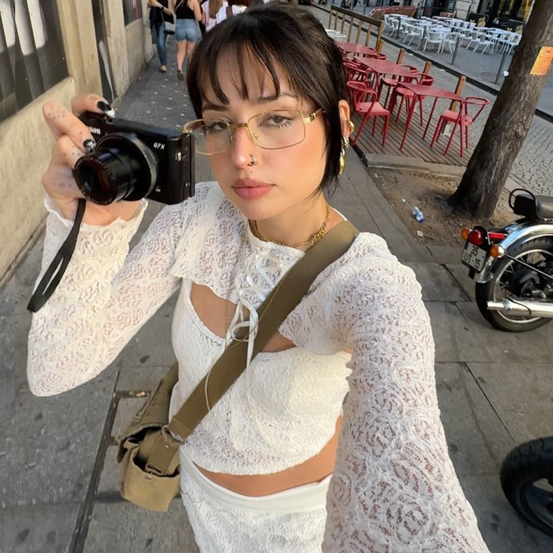 White Mesh Lace Long Sleeve Shirt