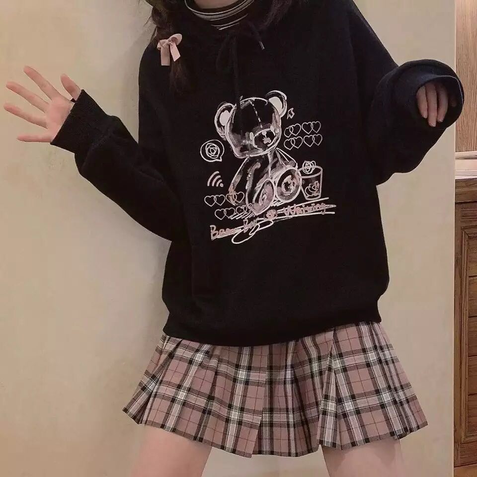 Cute Black Bear Cartoon Print Loose Long Sleeve Hoodie Sweatshirt Sweater Pullover Jumper Punk Goth E-Girl Kawaii Korean Japanese Harajuku Streetwear