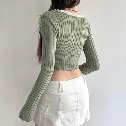 Green Lace Split Patchwork Long Sleeve T-shirt