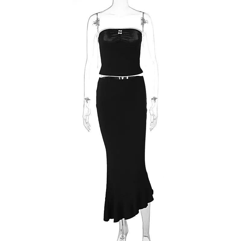 2PCS Black Lace Patchwork Tube Top + Maxi Irregular Skirt