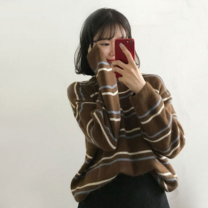 Soft Stripe Autumn O Neck Chic Loose Oversized Casual Knit Sweater Sweatshirt Pullover Jumper Shirt E-Girl Kawaii Korean Japanese Harajuku Streetwear