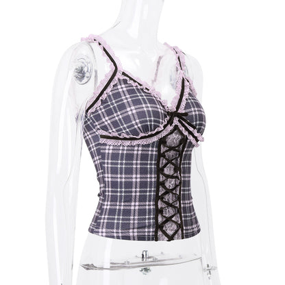 Pink Plaid Lace Patchwork Camisole