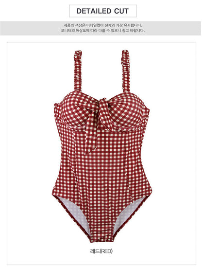 Sexy Red Plaid Push Up One Piece Swimsuit Aesthetic Casual E-Girl Kawaii Korean Japanese Harajuku