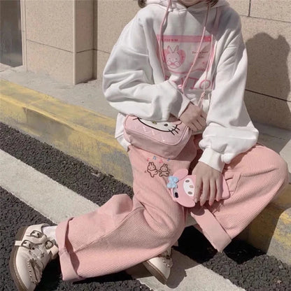 Cute Sweet Pink Bunny Cartoon Print Baggy Corduroy High Waisted Pants Trousers Aesthetic Casual Summer E-Girl Kawaii Korean Japanese Harajuku