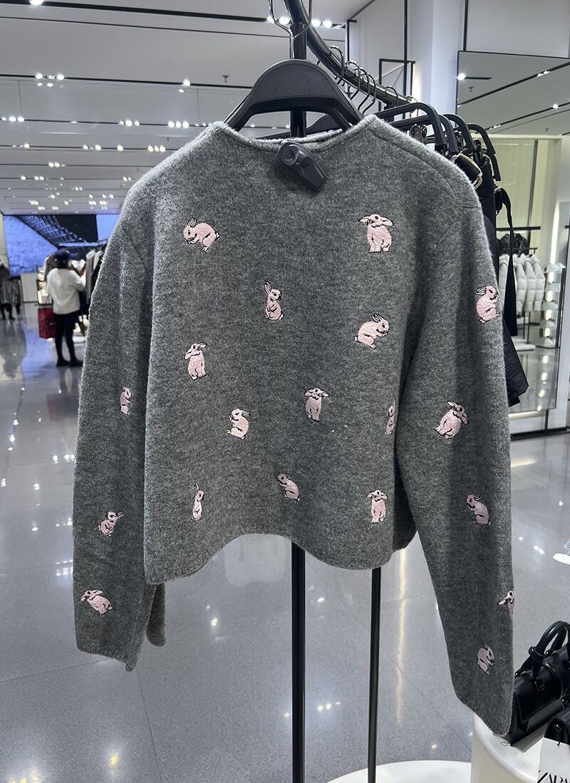 Grey Rabbit Embroidery Knit Cardigan