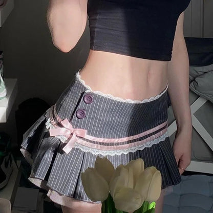 Pink Bow Stripe Fold Lace Up High Waist Skirt
