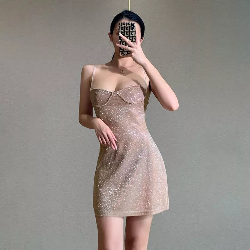 Cute Sexy Sparkle Rhinestone Mini Dress Low Neck Sleeveless Backless Night Club Bodycon Summer Aesthetic Casual E-Girl Kawaii Korean Japanese Harajuku