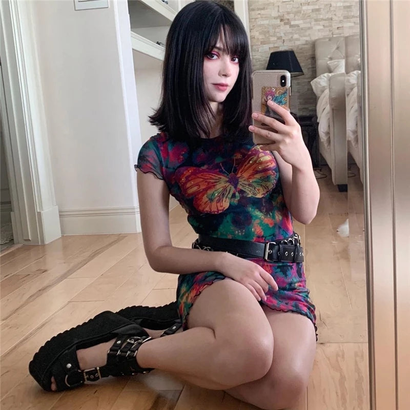 Cute Sexy Tie Dye Butterfly Print Mesh Transparent Short Sleeve Mini Dress Summer Aesthetic Casual E-Girl Kawaii Korean Japanese Harajuku