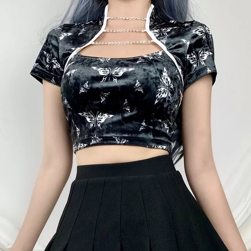 Cute Chinese Style Butterfly Crop Top Short Sleeve Shirt Blouse Summer Aesthetic Casual E-Girl Kawaii Korean Japanese Harajuku
