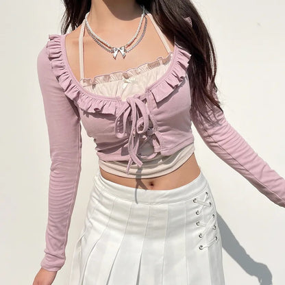 Purple & White Patchwork Ruffle Halter Crop Top