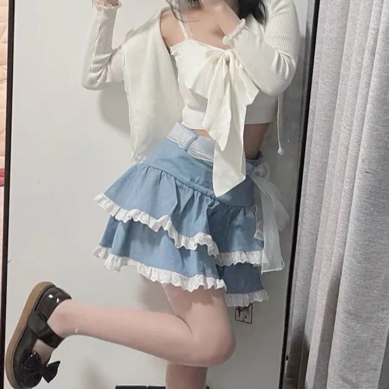 Blue Ruffle Lace Patchwork Mini Skirt