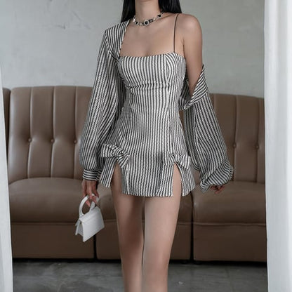 2PCS Vertical Stripe Slip Dress + Jacket